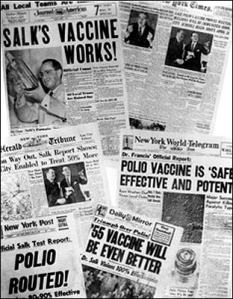 Photo of newspaper headlines about polio vaccine tests Salk_headlines_Polio